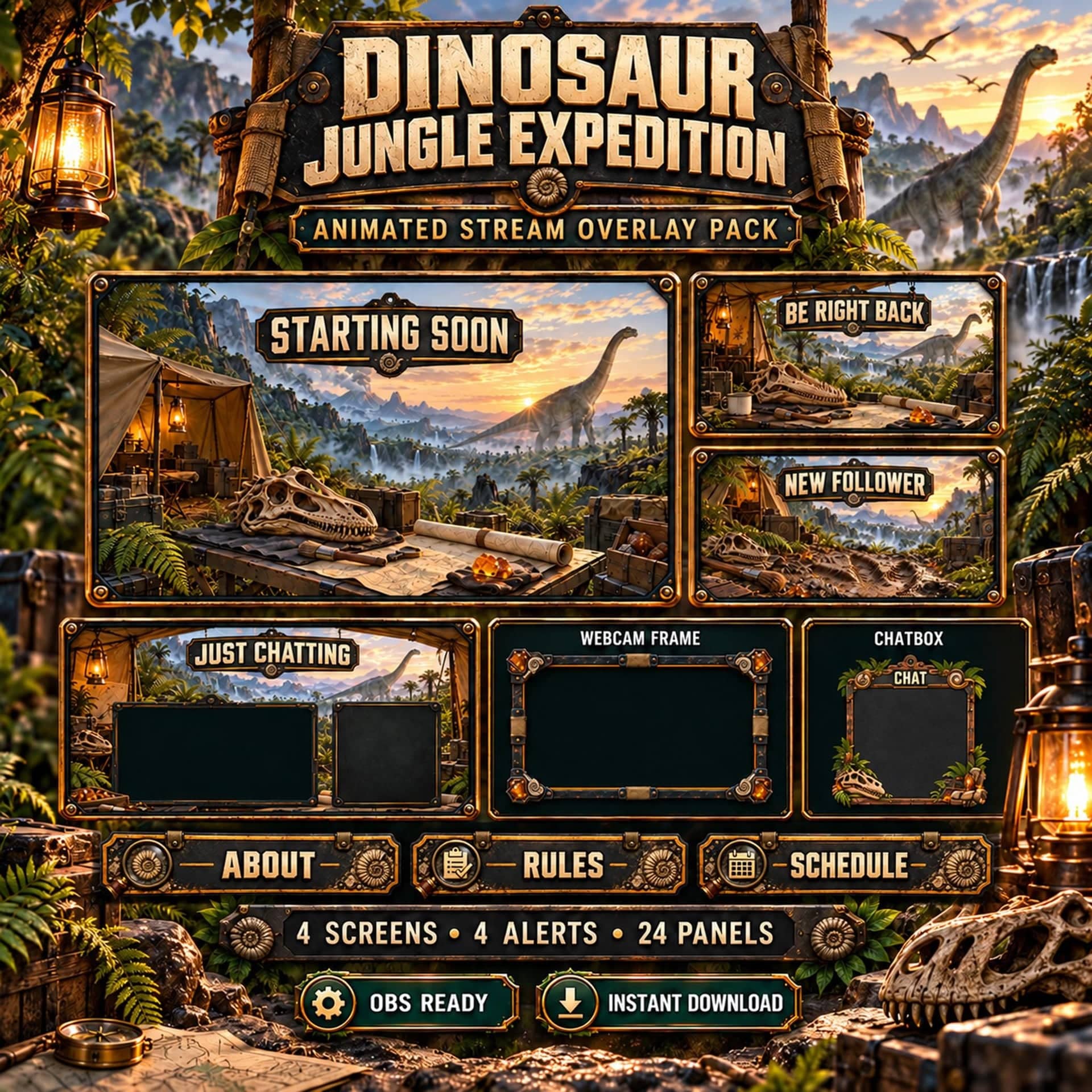 Dinosaur Jungle Expedition Animated Twitch Overlay Pack