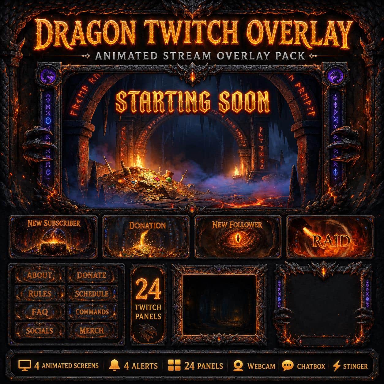 Dragon Twitch Overlay Pack | Animated Fantasy RPG Lair Screens Alerts Panels