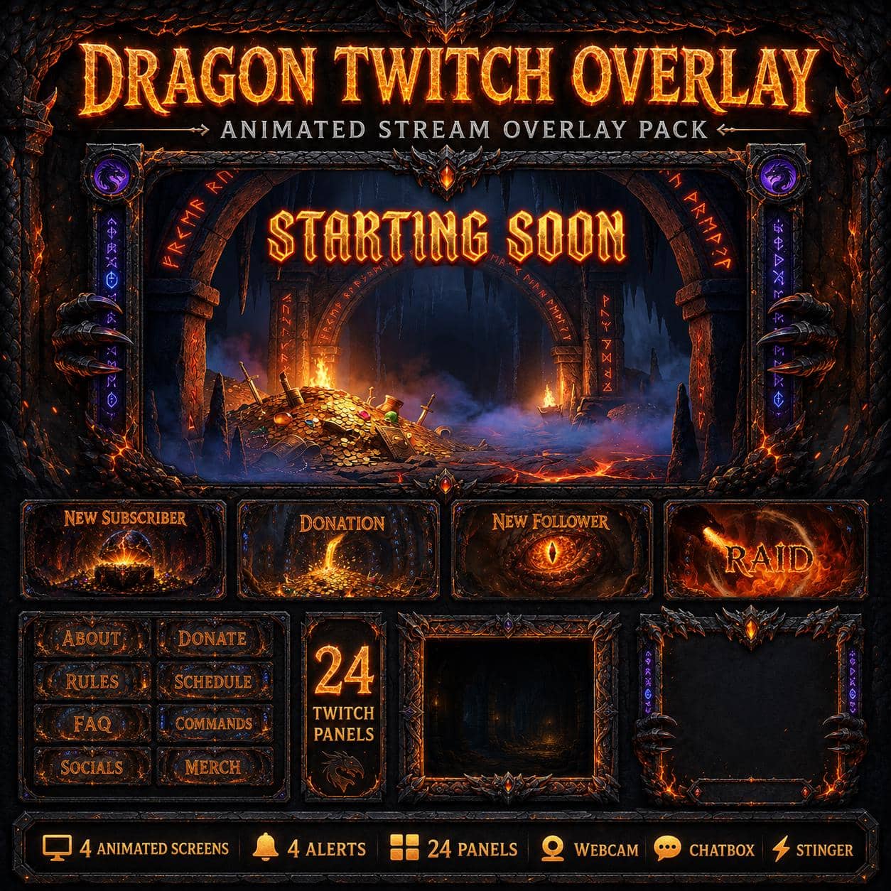 Dragon Twitch Overlay Pack | Animated Fantasy RPG Lair Screens Alerts Panels