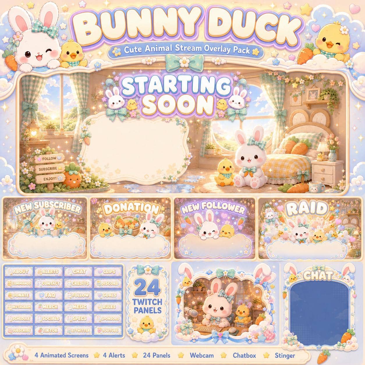 Duck Twitch Overlay Pack | Bunny Kawaii Pastel Animated Stream Screens Alerts Panels