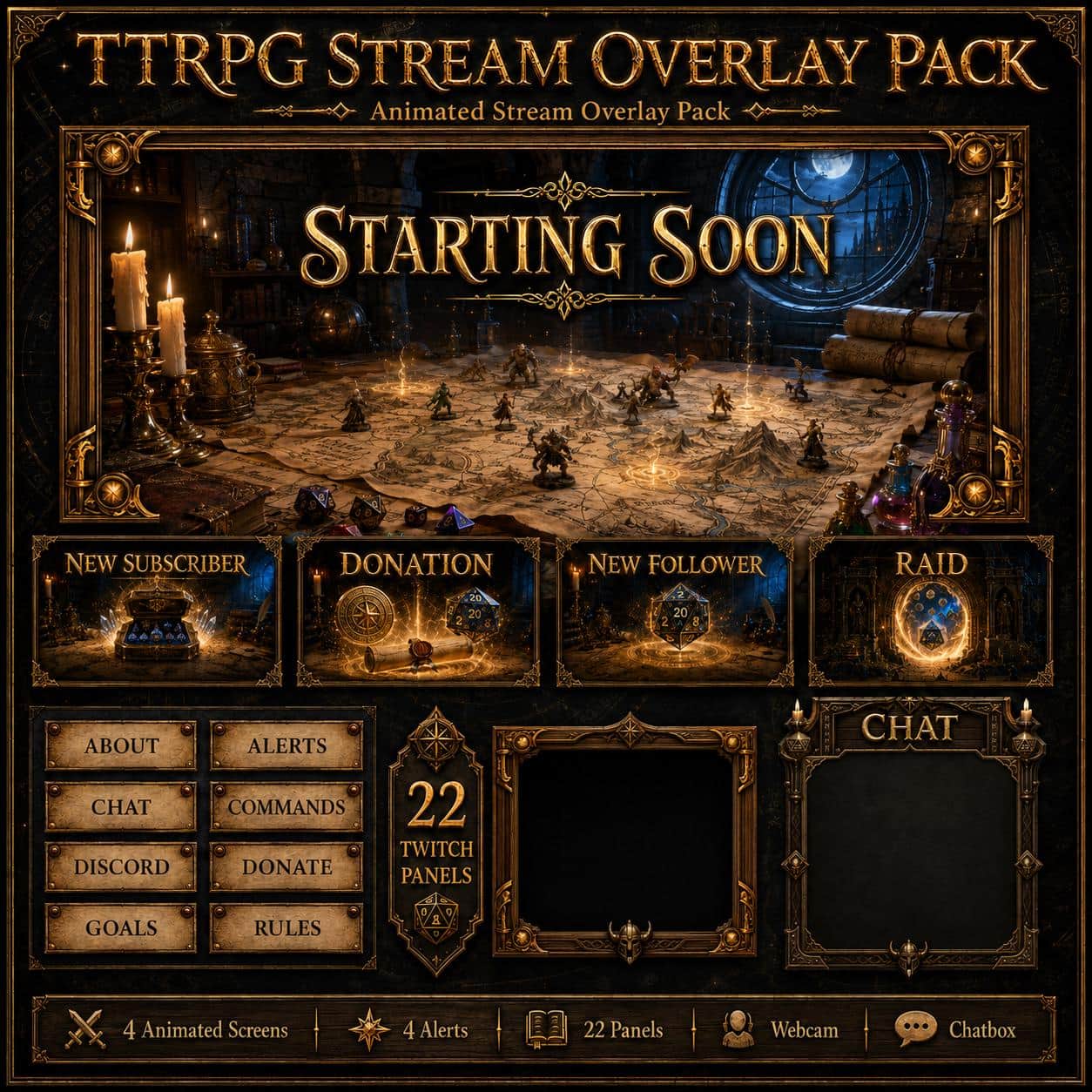 TTRPG Twitch Overlay Pack | Dice Tabletop RPG Animated Screens, Alerts & Webcam