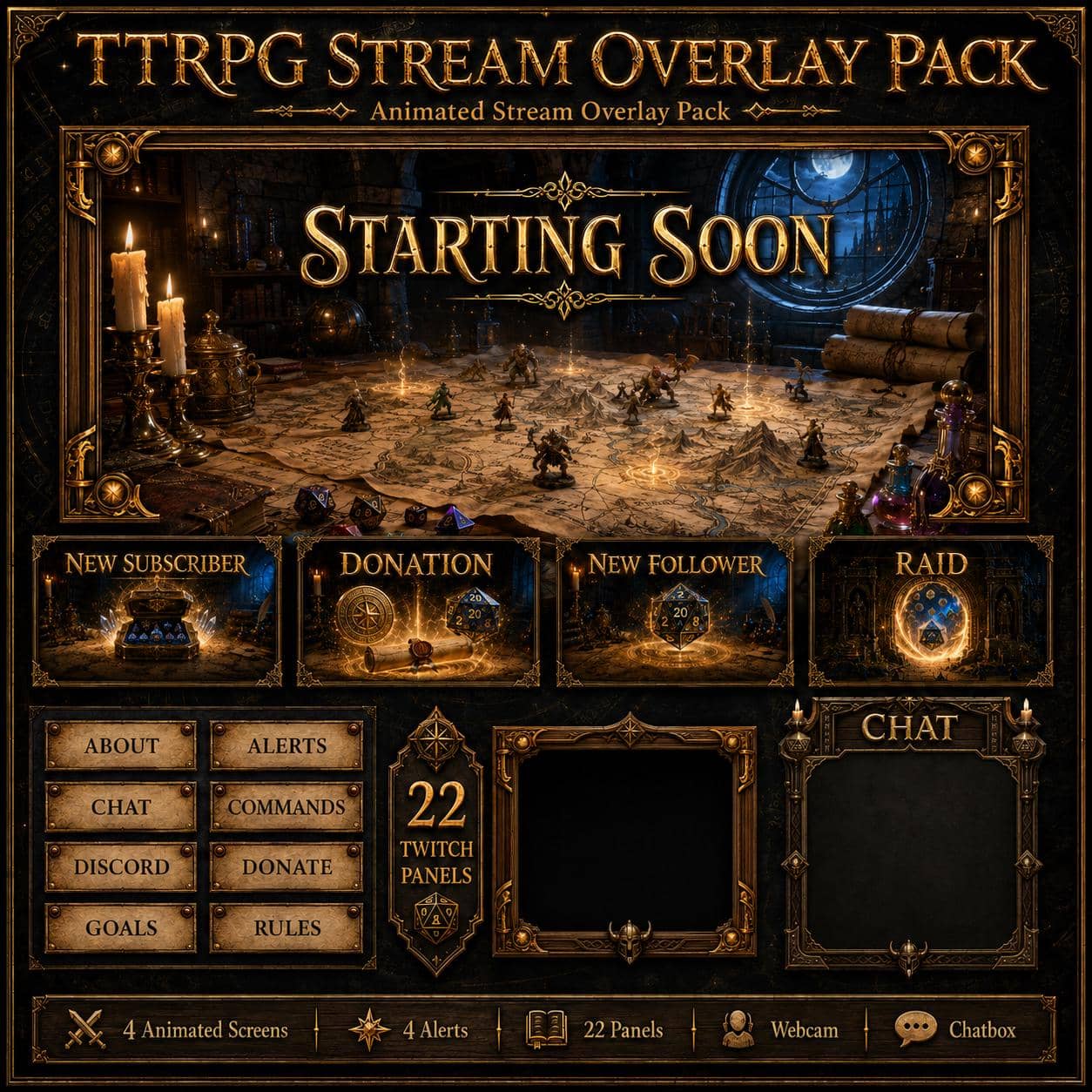 TTRPG Twitch Overlay Pack | Dice Tabletop RPG Animated Screens, Alerts & Webcam