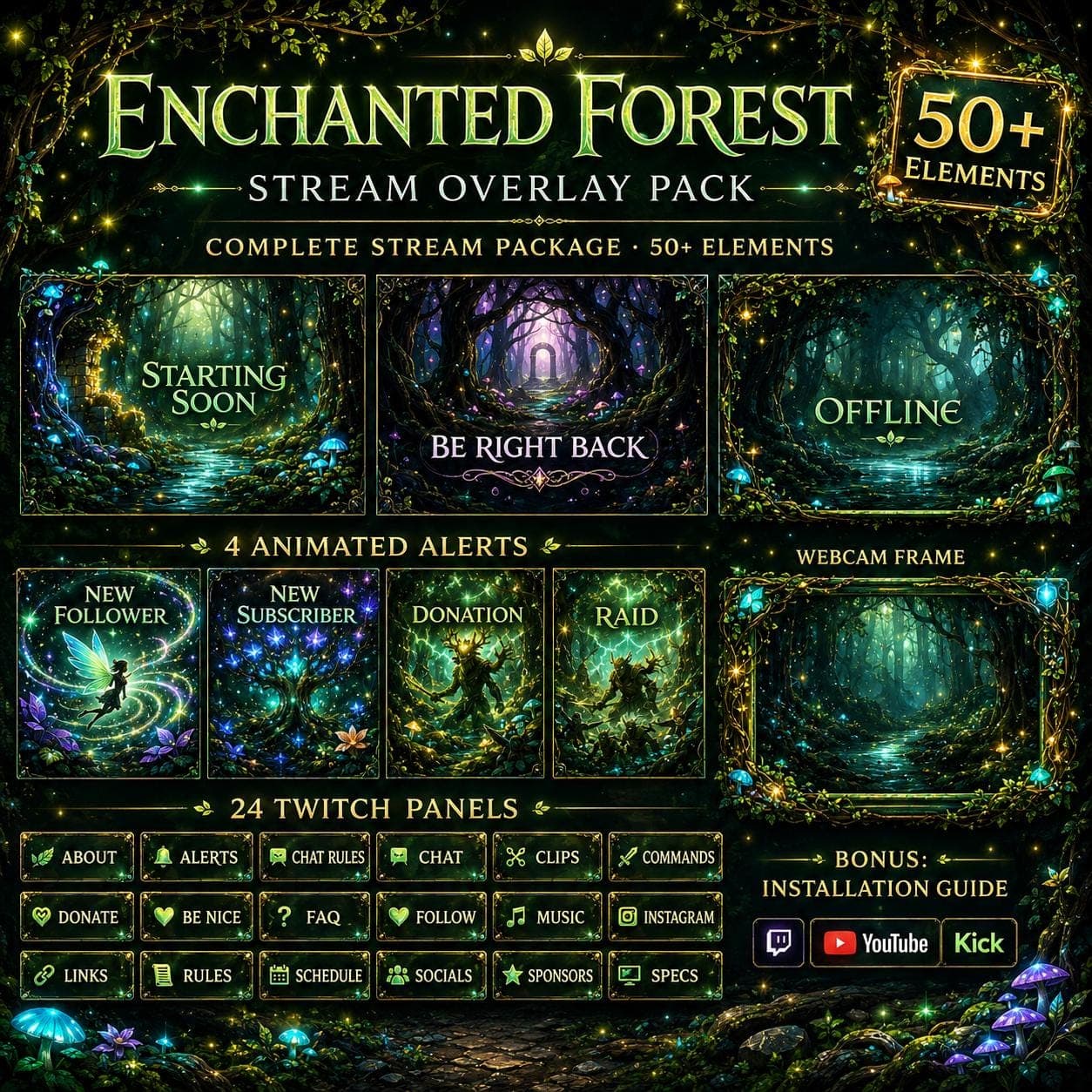 Enchanted Forest Twitch Overlay Pack Animated Stream Package Alerts Panels OBS