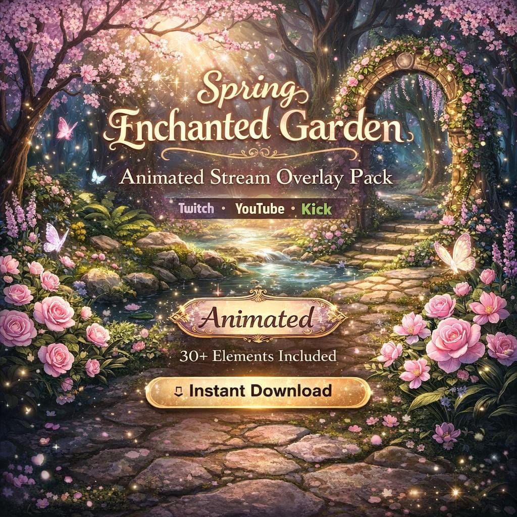 Enchanted Spring Garden Stream Overlay Pack | Animated Fairy Floral Twitch Screens Alerts Panels