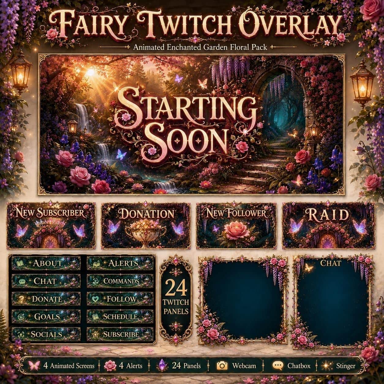Fairy Stream Overlay Pack | Animated Enchanted Garden Floral Twitch Screens Alerts Panels