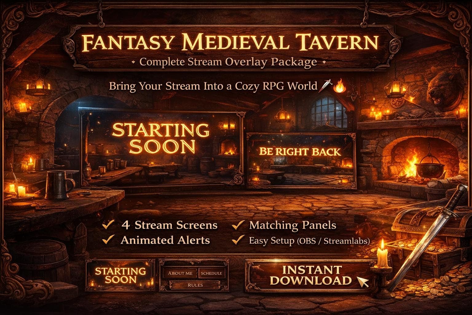 D&D Fantasy Medieval Tavern Stream Overlay Pack | Dungeons & Dragons Tabletop RPG Animated Twitch YouTube Kick Screens Alerts Panels