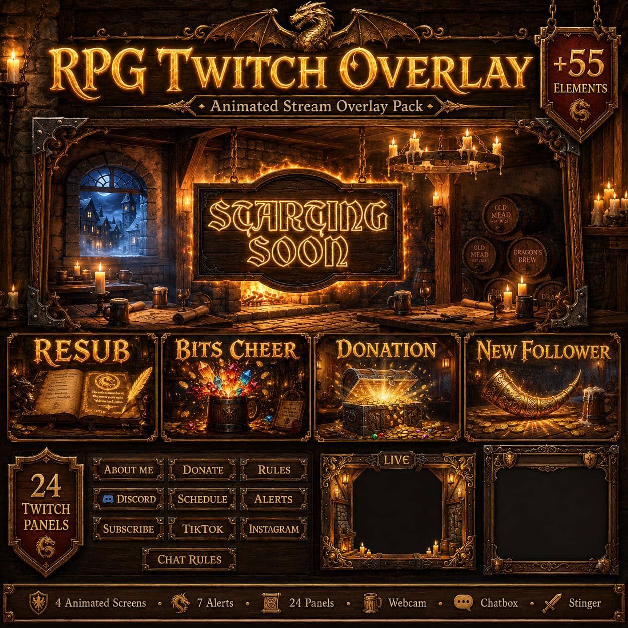 RPG Twitch Overlay Pack | Medieval Tavern Fantasy Stream Overlay for YouTube Kick