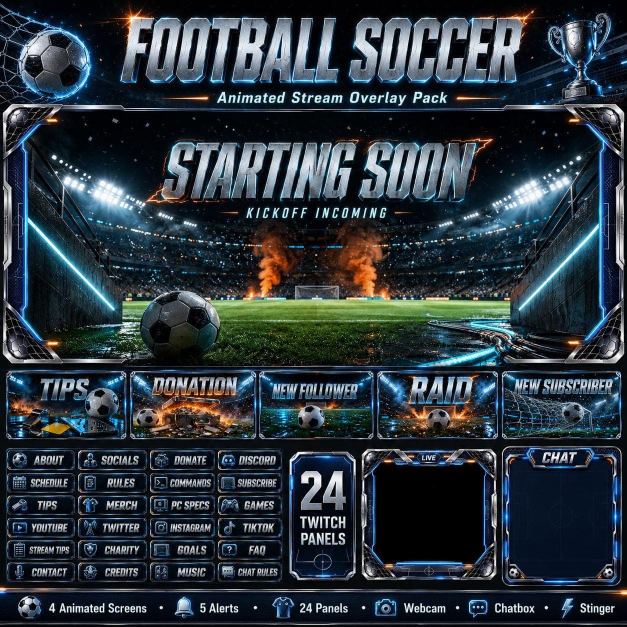 Football Soccer Stream Overlay Pack for Twitch YouTube Kick | Animated Stadium Sports OBS