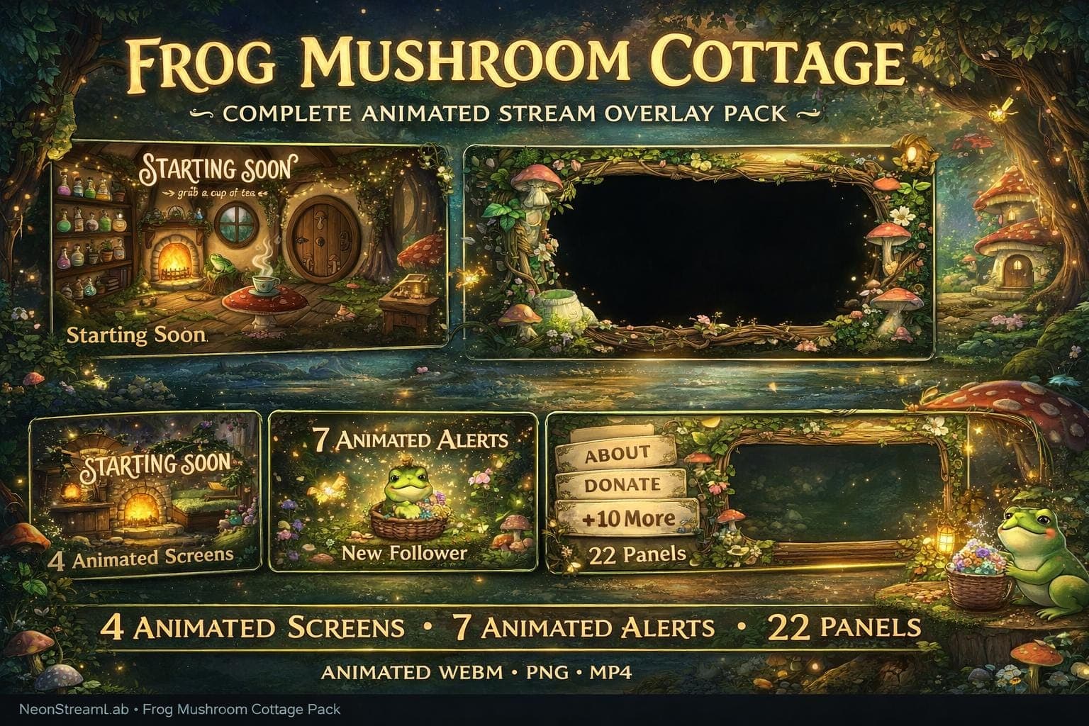 Frog Mushroom Cottagecore Stream Overlay Pack | Animated Cozy Twitch YouTube Kick Screens Alerts Panels