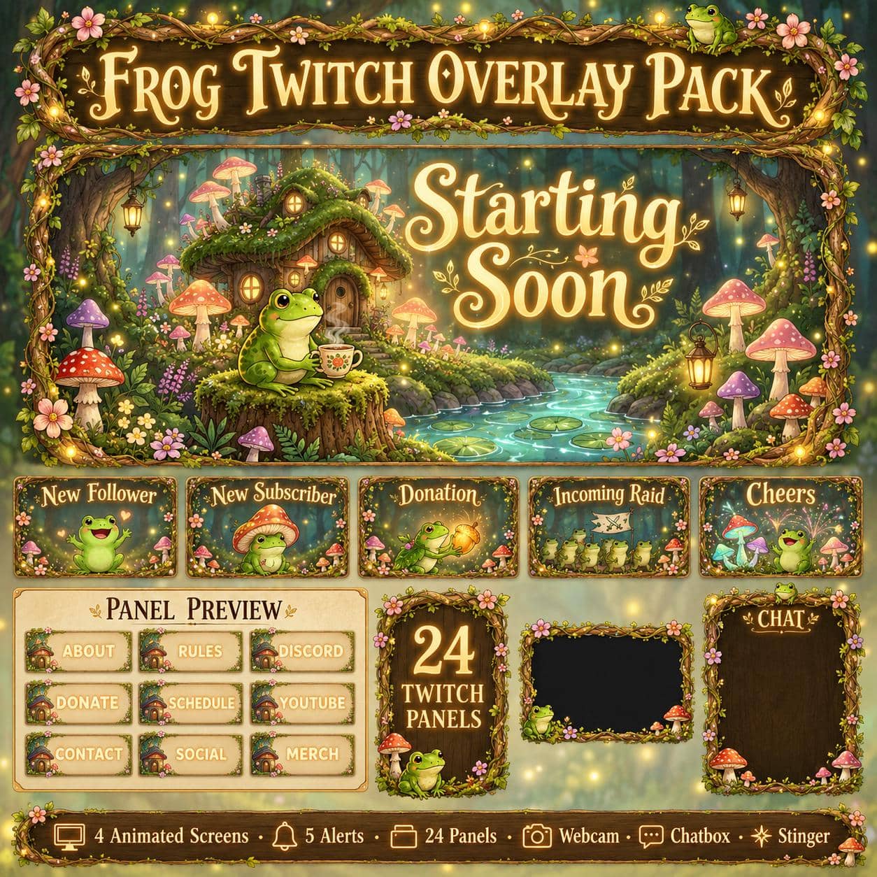 Frog Twitch Overlay Pack | Animated Mushroom Cottagecore Stream Screens Alerts Panels