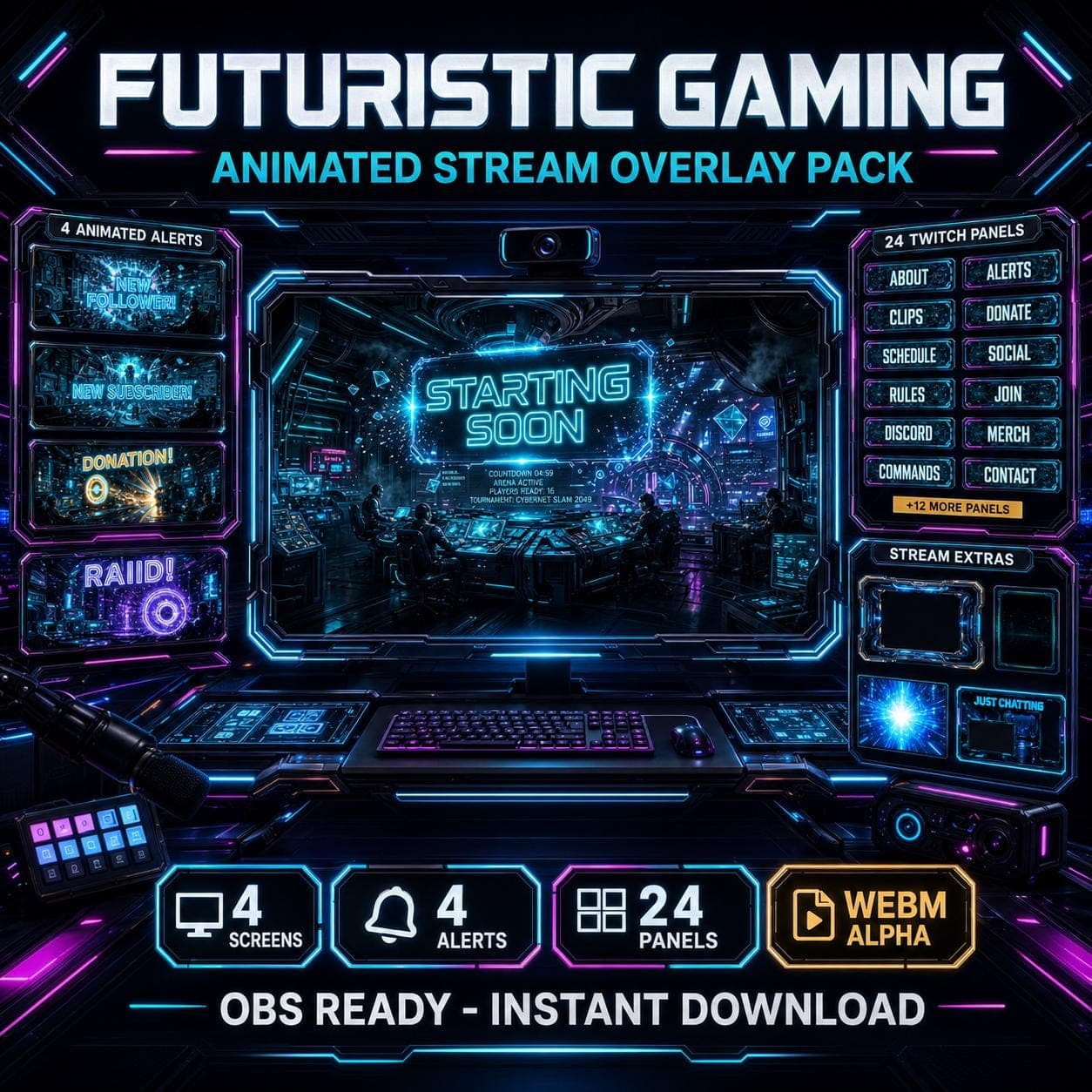 Futuristic Gaming Twitch Stream Overlay Pack Cyberpunk Neon Animated Glitch