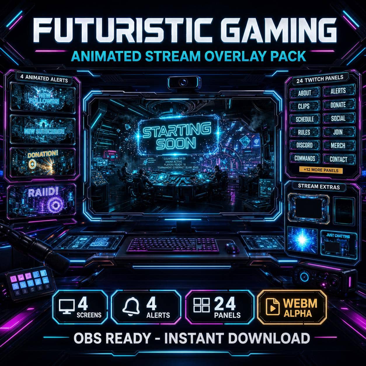 Cyber Twitch Overlay Pack | Futuristic Gaming Glitch Animated Screens Alerts Panels