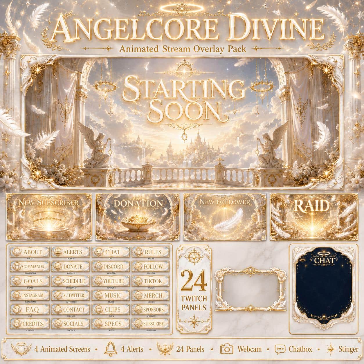 Gold Twitch Overlay Pack | White Angel Wings Animated Stream Screens Alerts Panels