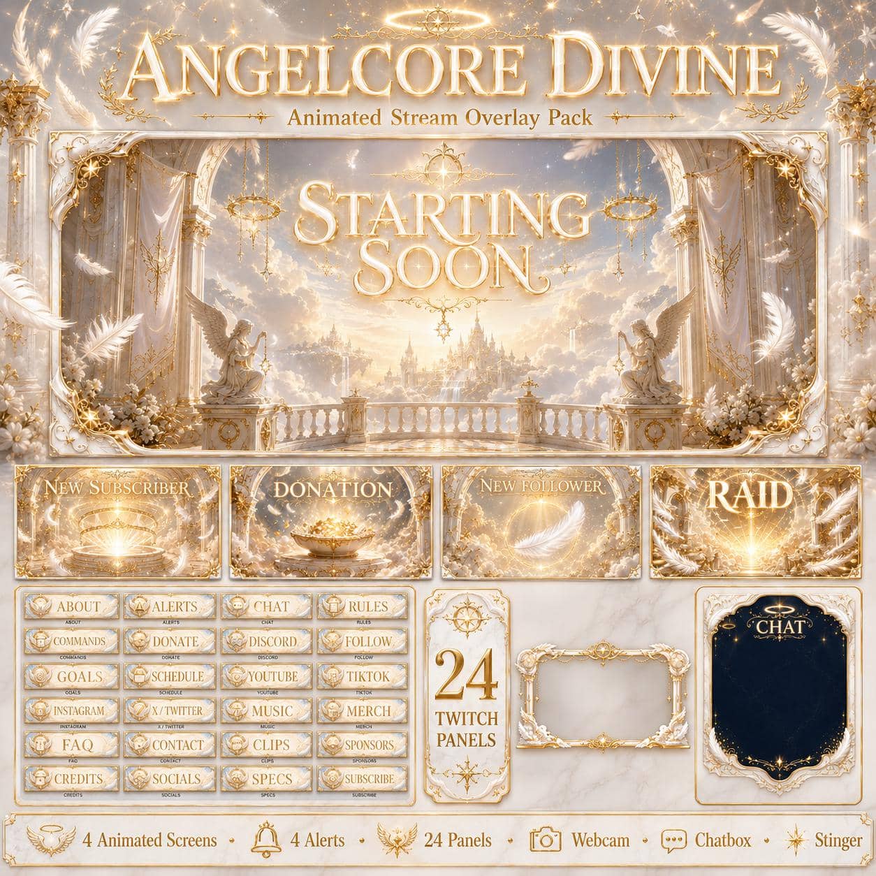 Gold Twitch Overlay Pack | White Angel Wings Animated Stream Screens Alerts Panels