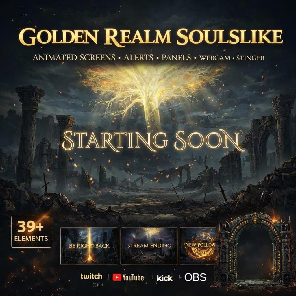 Elden Ring Dark Souls Stream Overlay Pack | Soulslike Dark Fantasy Animated Twitch YouTube Kick Screens Alerts Panels