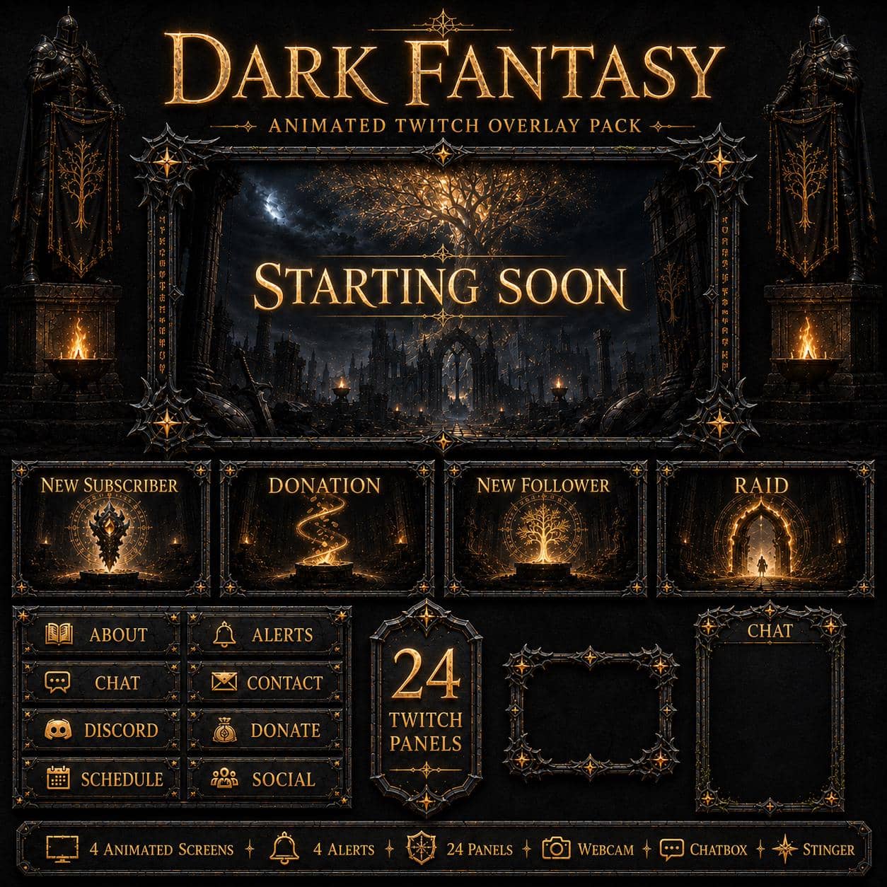 Dark Fantasy RPG Overlay Pack | Golden Realm Animated Twitch Screens Alerts Panels