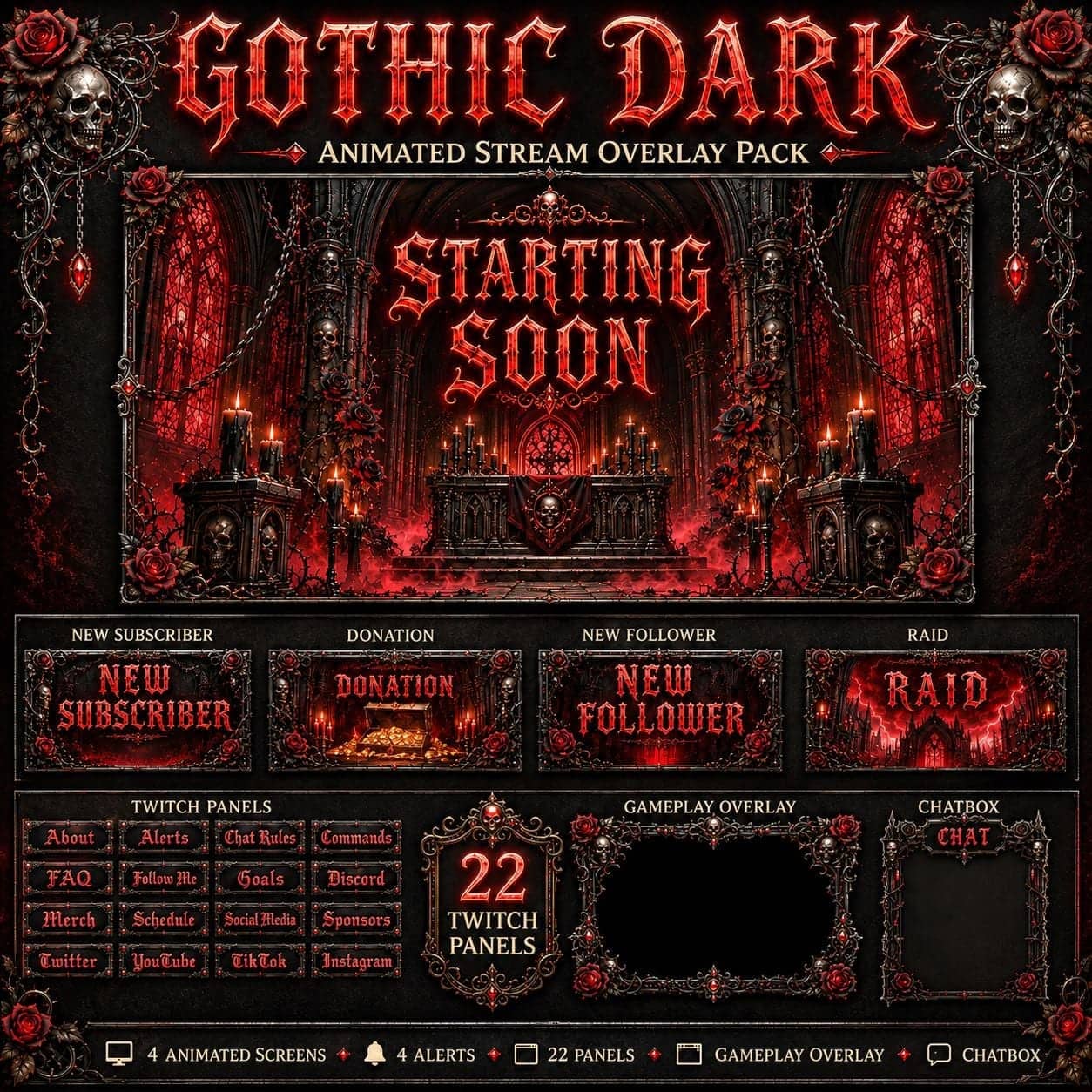 Goth Twitch Overlay Pack | Gothic Horror Stream Screens Alerts Panels