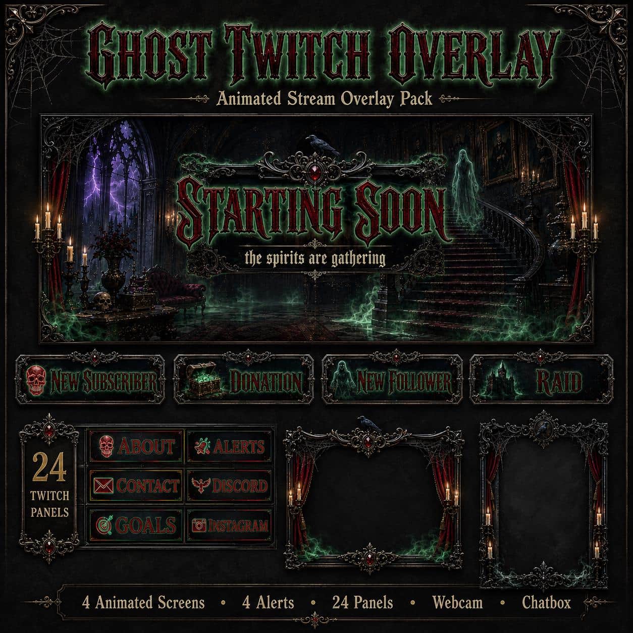 Ghost Twitch Overlay Pack | Spooky Haunted Mansion Horror Halloween Screens Alerts Webcam