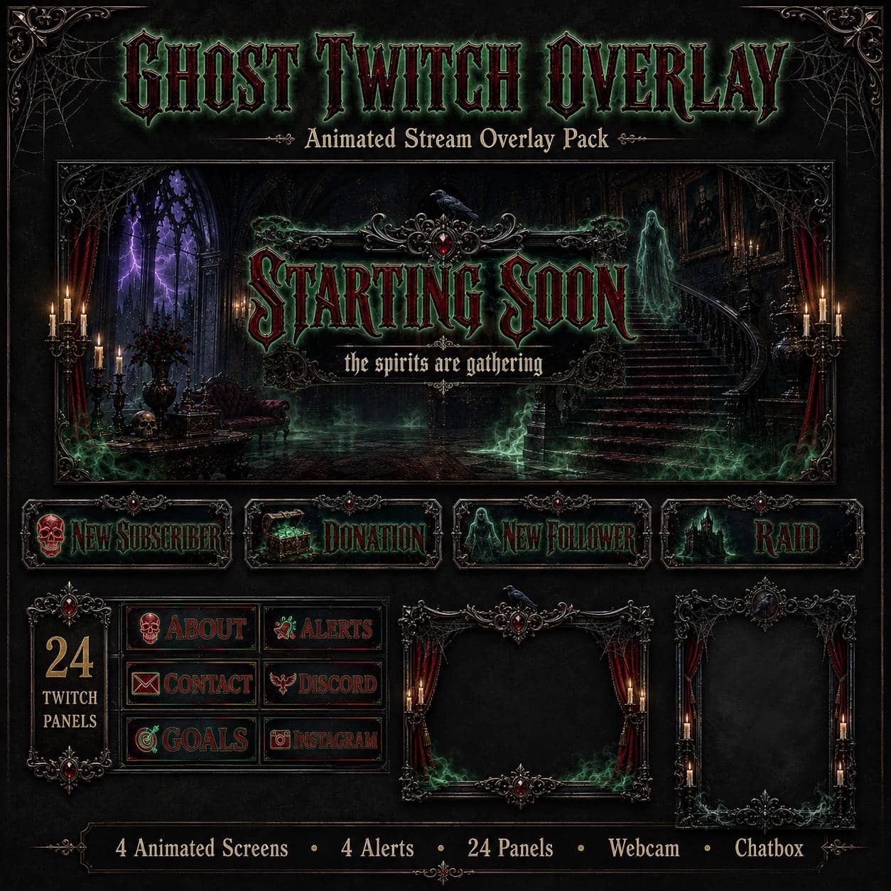 Ghost Twitch Overlay Pack | Spooky Haunted Mansion Horror Halloween Screens Alerts Webcam
