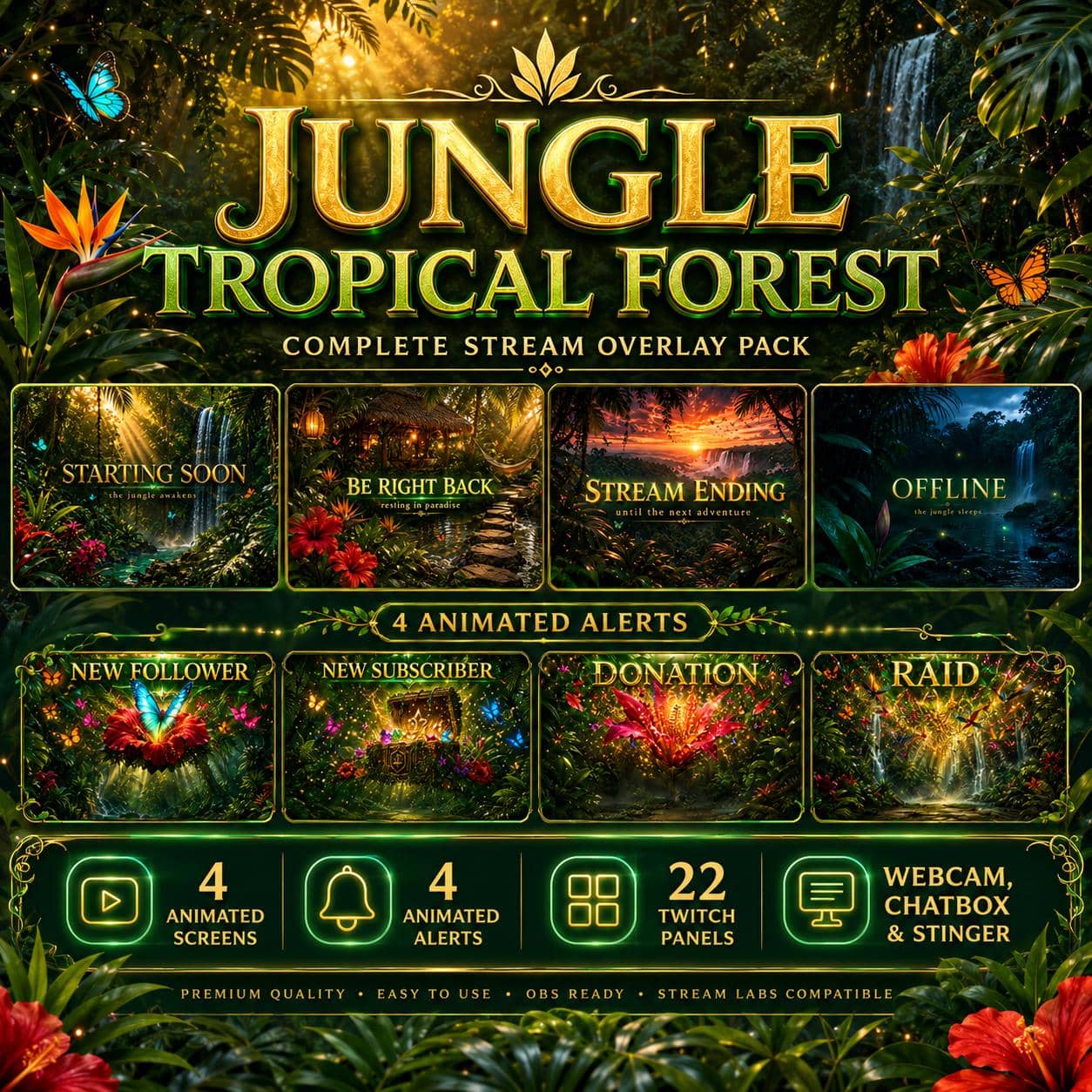 Forest Stream Overlay Pack | Tropical Jungle Nature Animated Twitch Screens Alerts Panels Webcam OBS