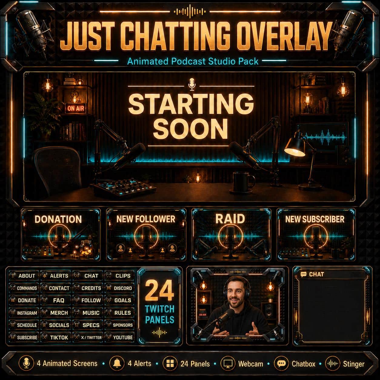Just Chatting Overlay Pack | Animated Podcast Studio Twitch YouTube Kick Screens Alerts Webcam Panels