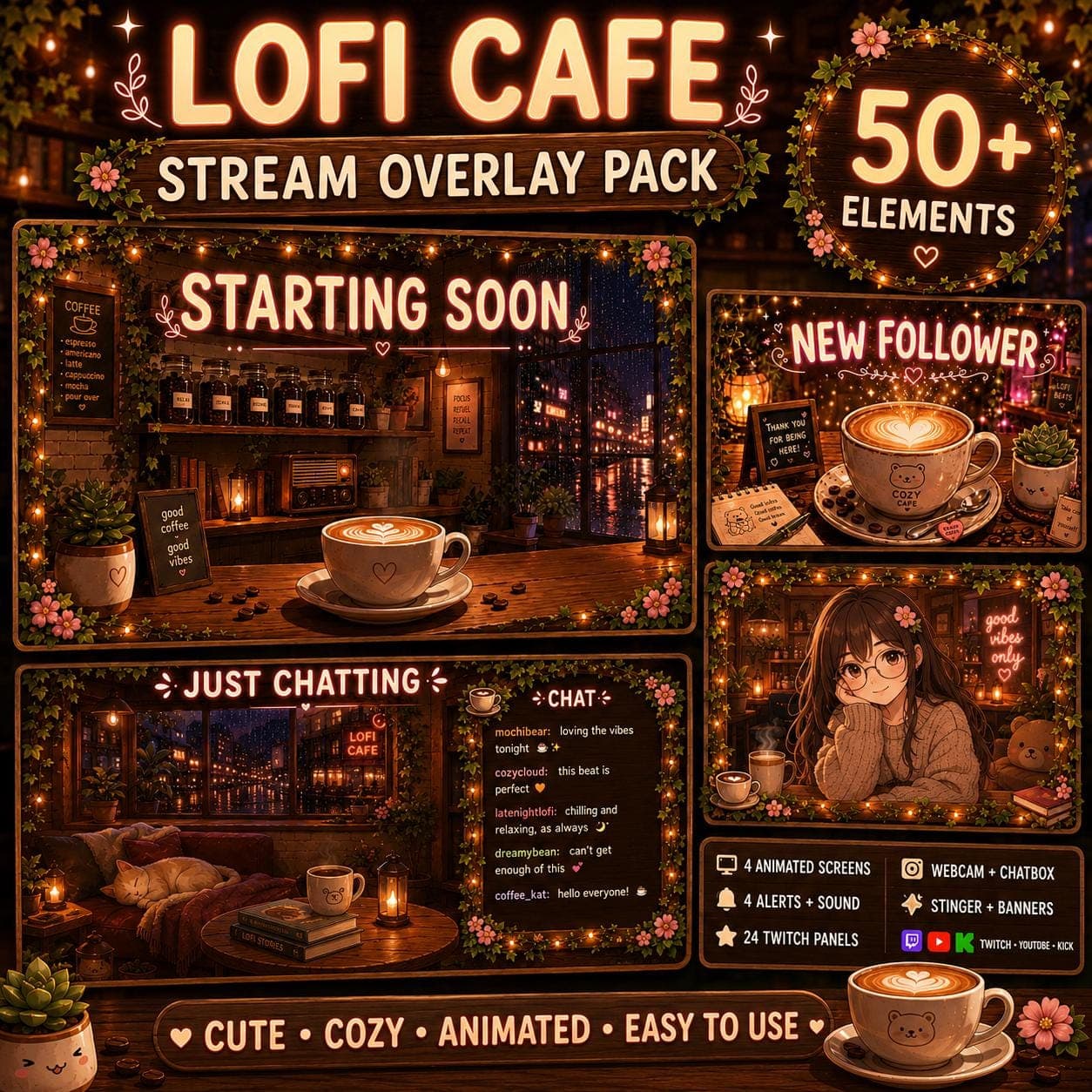 Lofi Cafe Stream Overlay Pack | Cozy Kawaii Anime Twitch YouTube Kick Screens Alerts Panels
