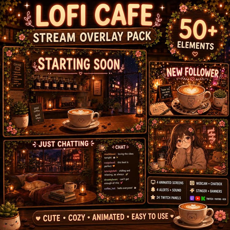 Lofi Cafe Twitch Overlay Pack | Coffee Cozy Animated Screens Alerts Panels