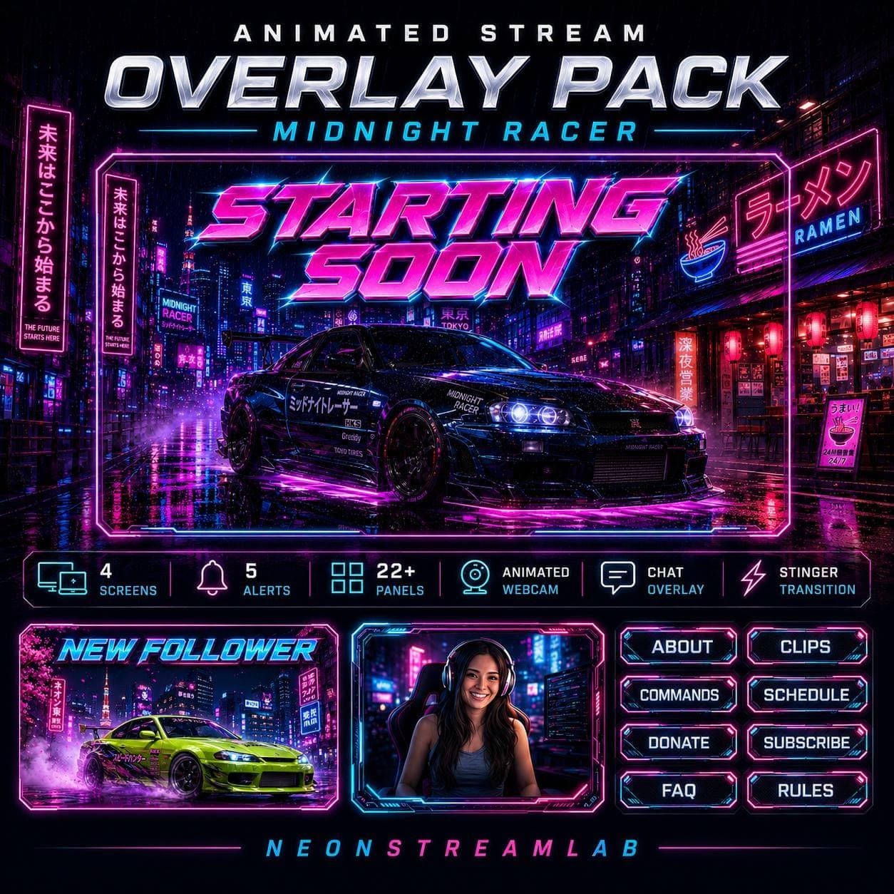 Midnight Racer Cyberpunk Stream Overlay Pack | Animated JDM Racing Neon Twitch Screens Alerts Panels