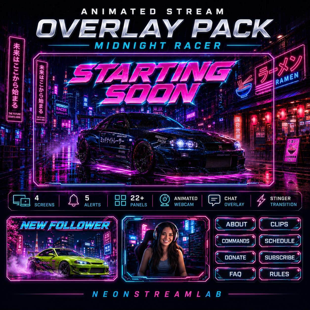 Racing Stream Overlay Pack | Animated JDM Neon Car Twitch Screens Alerts Panels