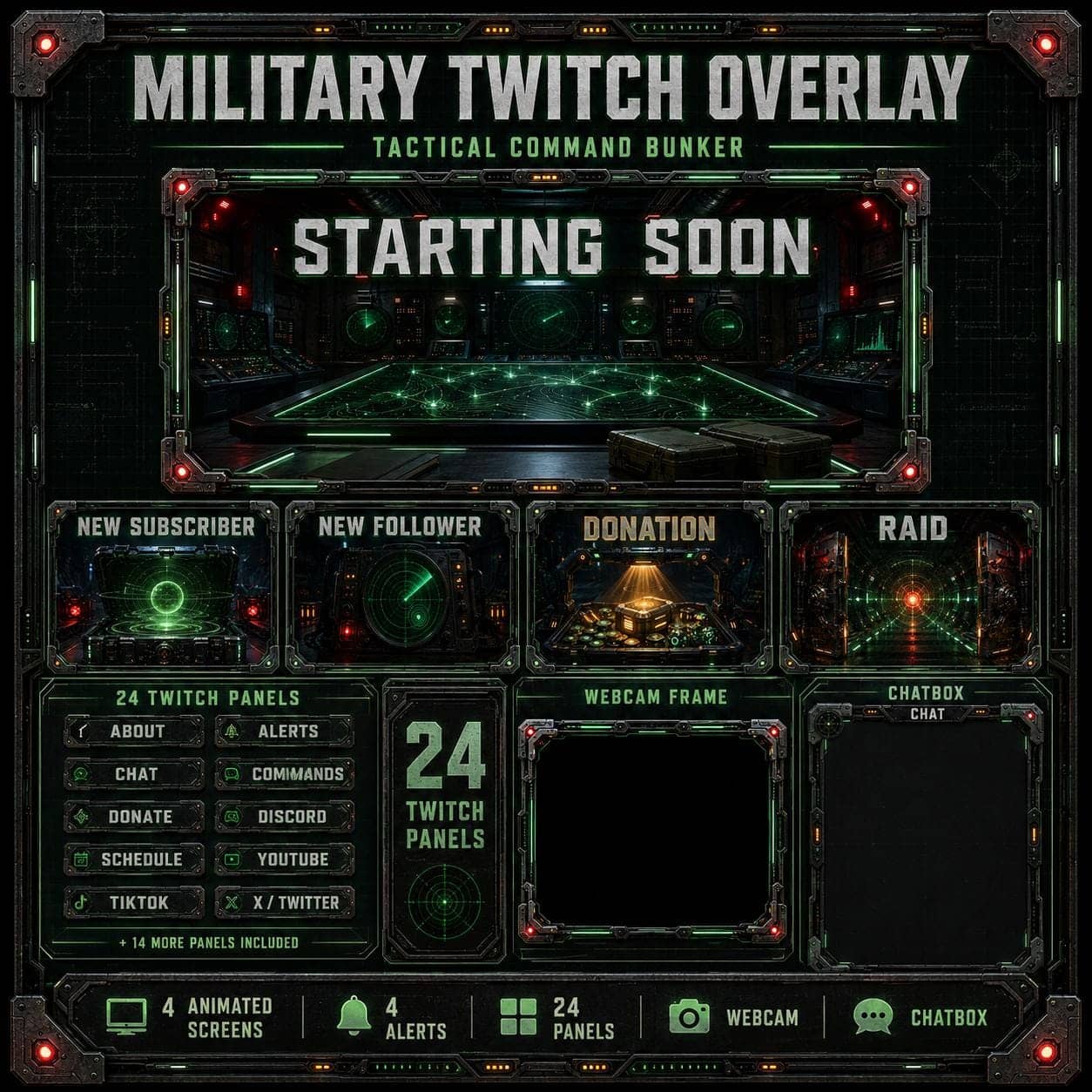 Military Twitch Overlay Pack | Tactical Command Bunker Animated Screens Alerts Panels
