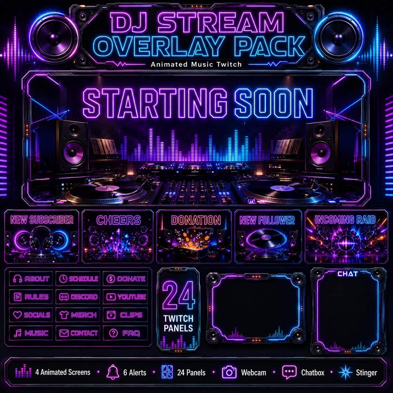 DJ Stream Overlay Pack | Animated Music Twitch Overlay Screens Alerts Webcam Stinger