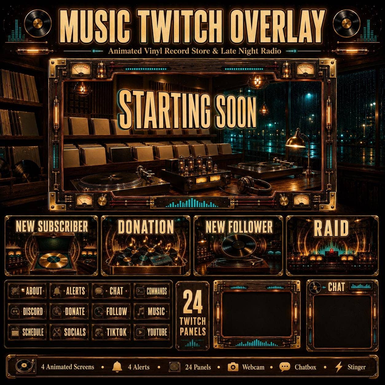 Music Twitch Overlay Pack | Animated Vinyl Record Store Late Night Radio Screens Alerts