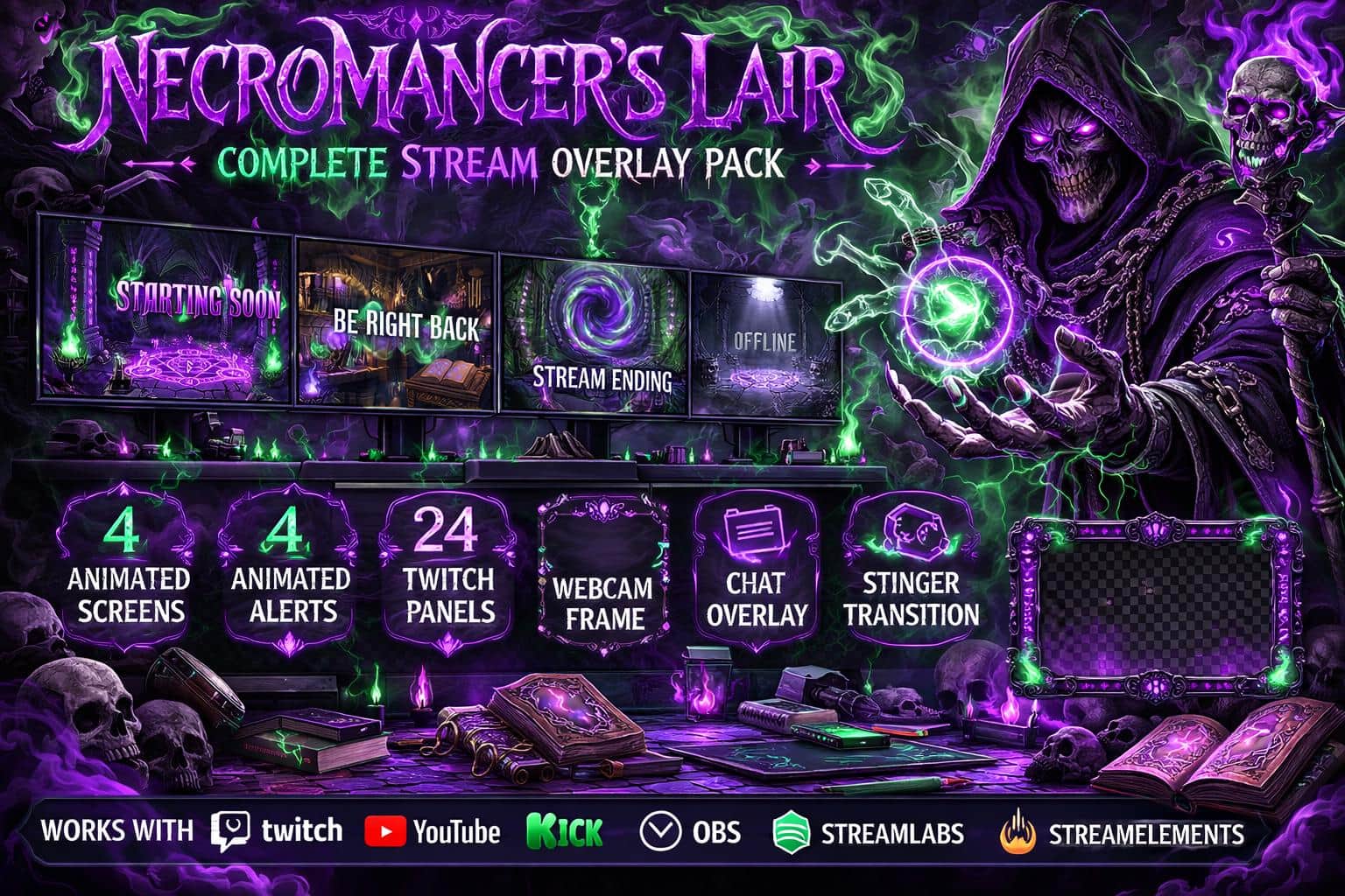 Necromancer Twitch Overlay Pack | Animated Dark Magic Skull Stream Screens Alerts Panels
