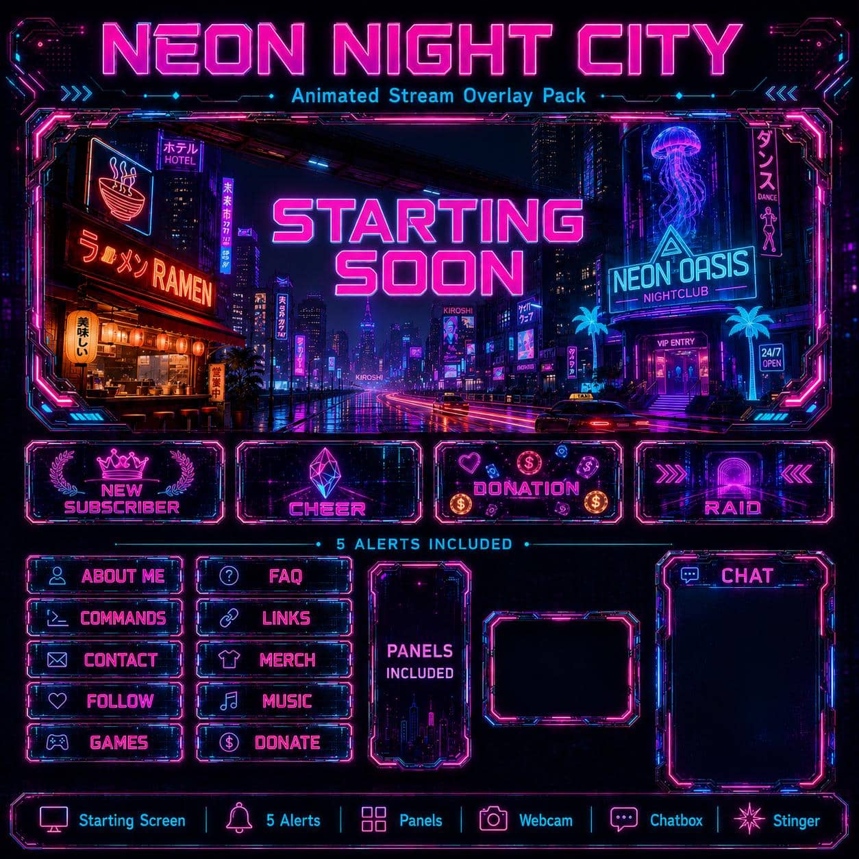 Neon Twitch Overlay Pack | Animated Night City Stream Screens Alerts Panels Webcam