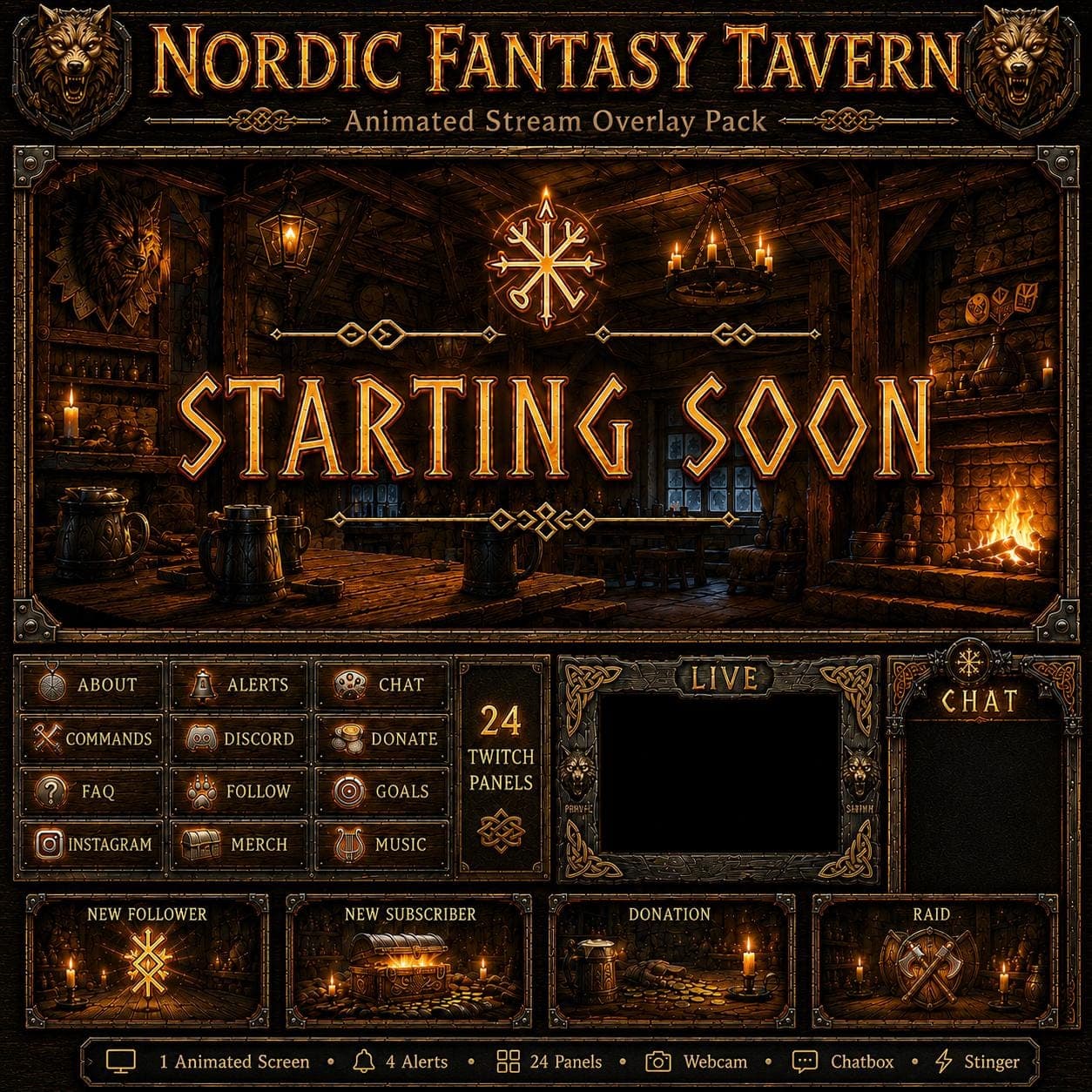 The Witcher Nordic Fantasy Tavern Stream Overlay Pack | Medieval Viking RPG Animated Twitch YouTube Kick Screens Alerts Panels