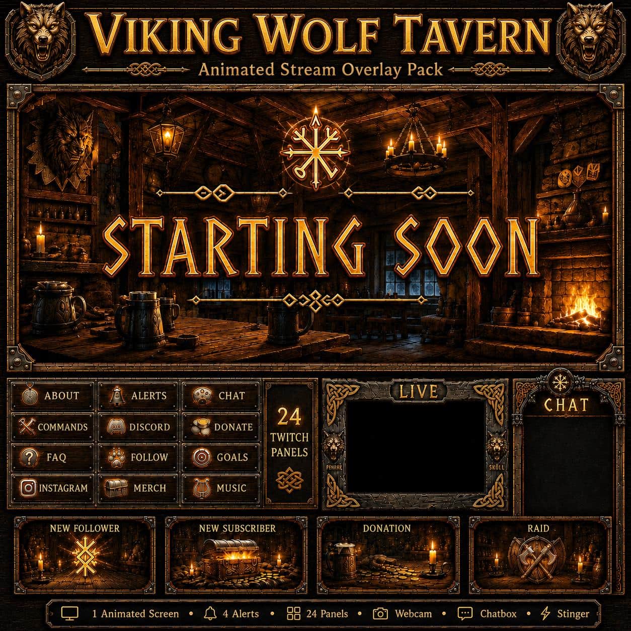 Viking Twitch Overlay Pack | Wolf Tavern Nordic RPG Screens Alerts Panels