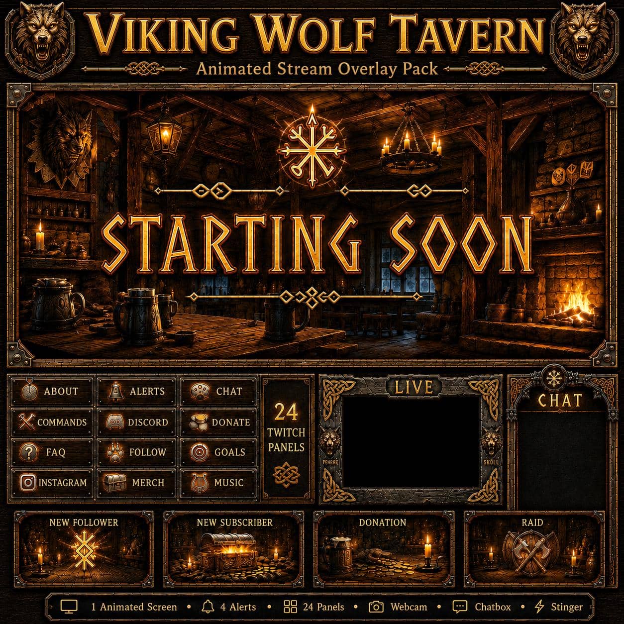 Viking Twitch Overlay Pack | Wolf Tavern Nordic RPG Screens Alerts Panels