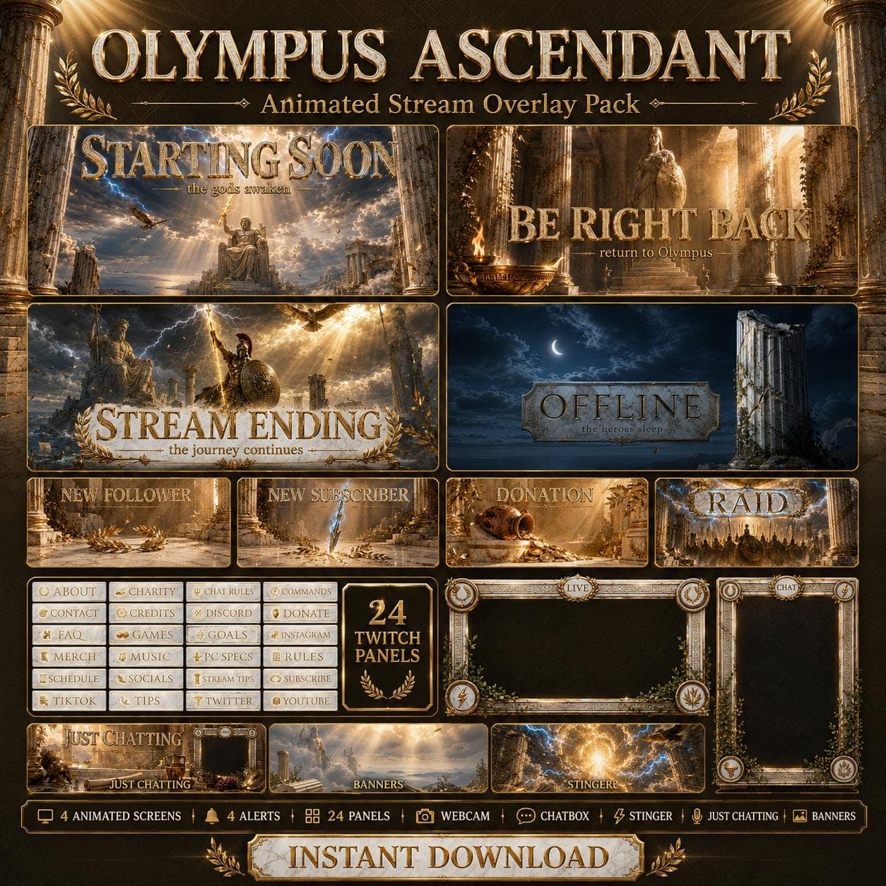 Olympus Greek Mythology Stream Overlay Pack | Animated Fantasy Twitch YouTube Kick Screens Alerts Panels