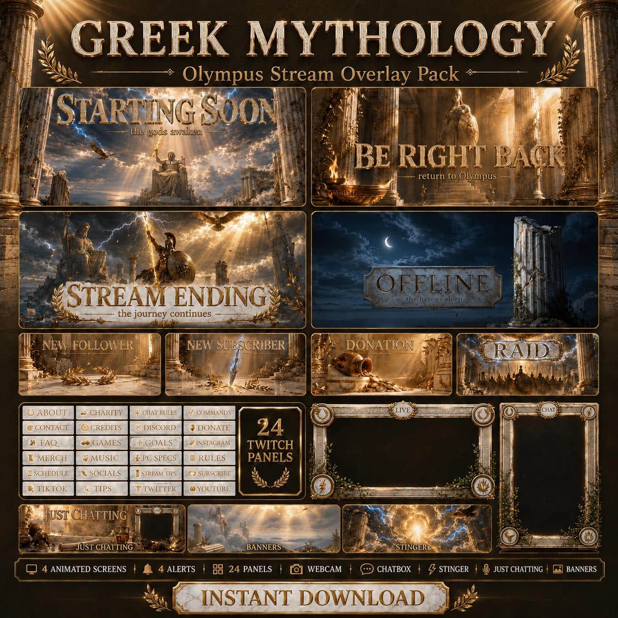 Greek Mythology Stream Overlay Pack | Olympus Zeus Animated Twitch YouTube Kick Screens Alerts Panels
