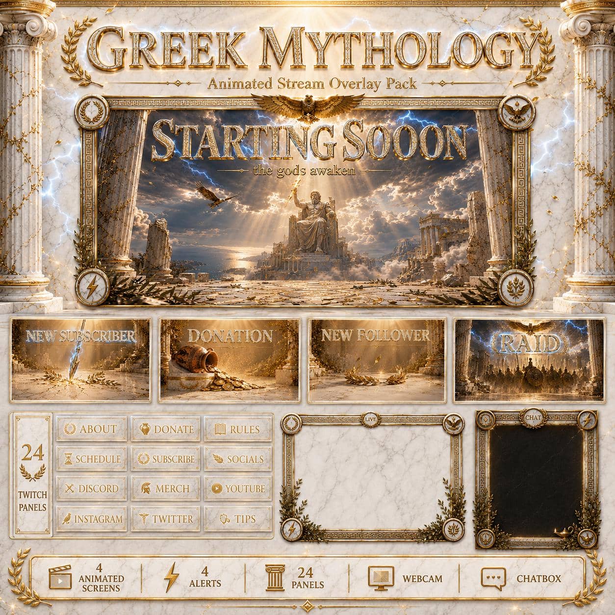 Greek Mythology Stream Overlay Pack | Olympus Zeus Animated Twitch YouTube Kick Screens Alerts Panels