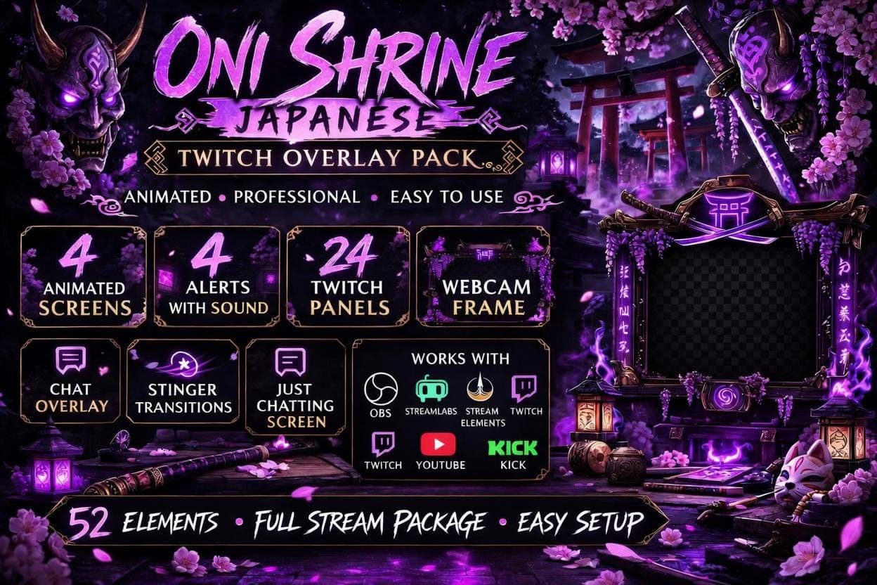 Demon Slayer Oni Shrine Stream Overlay Pack | Dark Anime Japanese Animated Twitch YouTube Kick Screens Alerts Panels Webcam