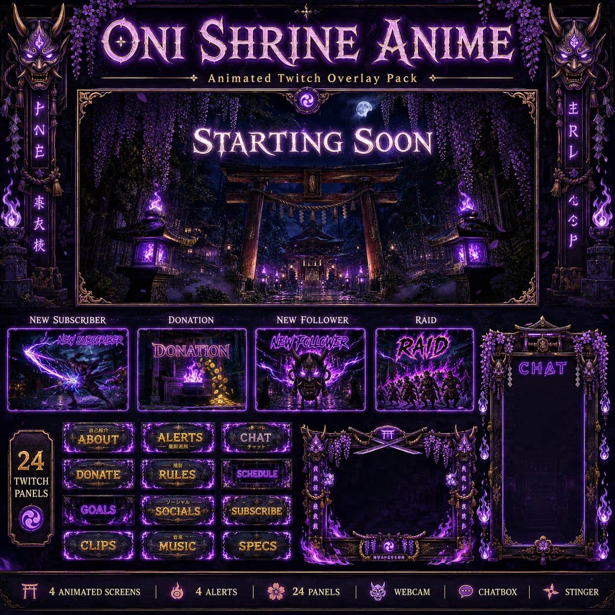 Oni Shrine Anime Twitch Overlay Pack | Japanese Purple Stream Screens Alerts Webcam