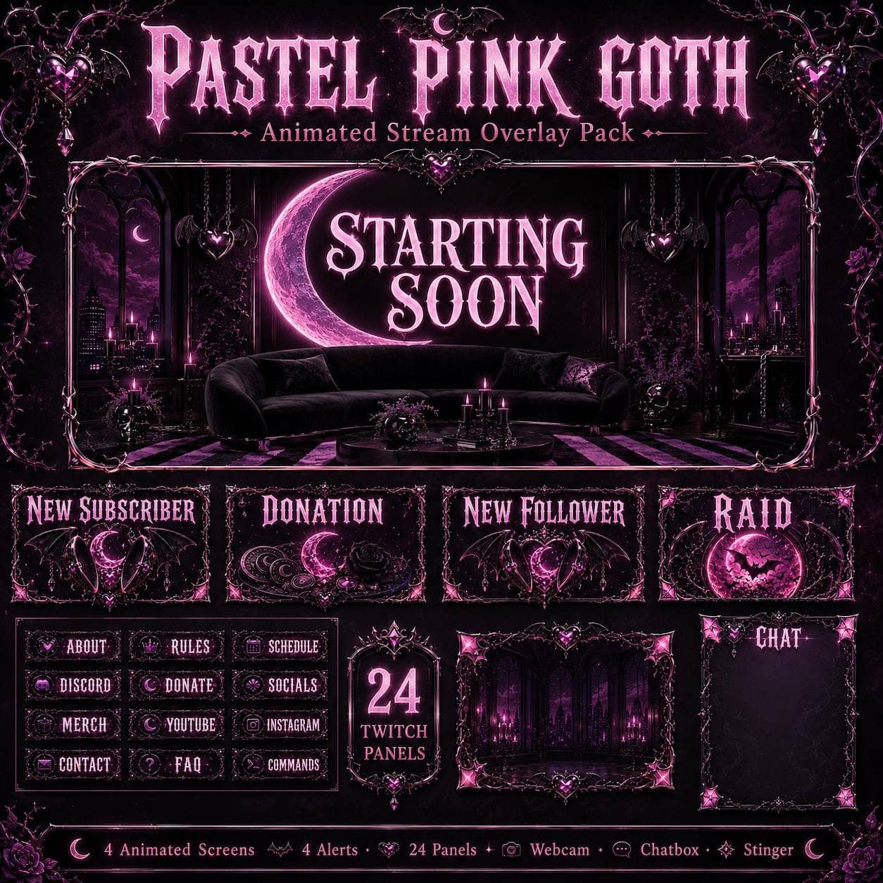 Pastel Goth Twitch Overlay Pack | Pink Goth Animated Stream Screens Alerts Panels