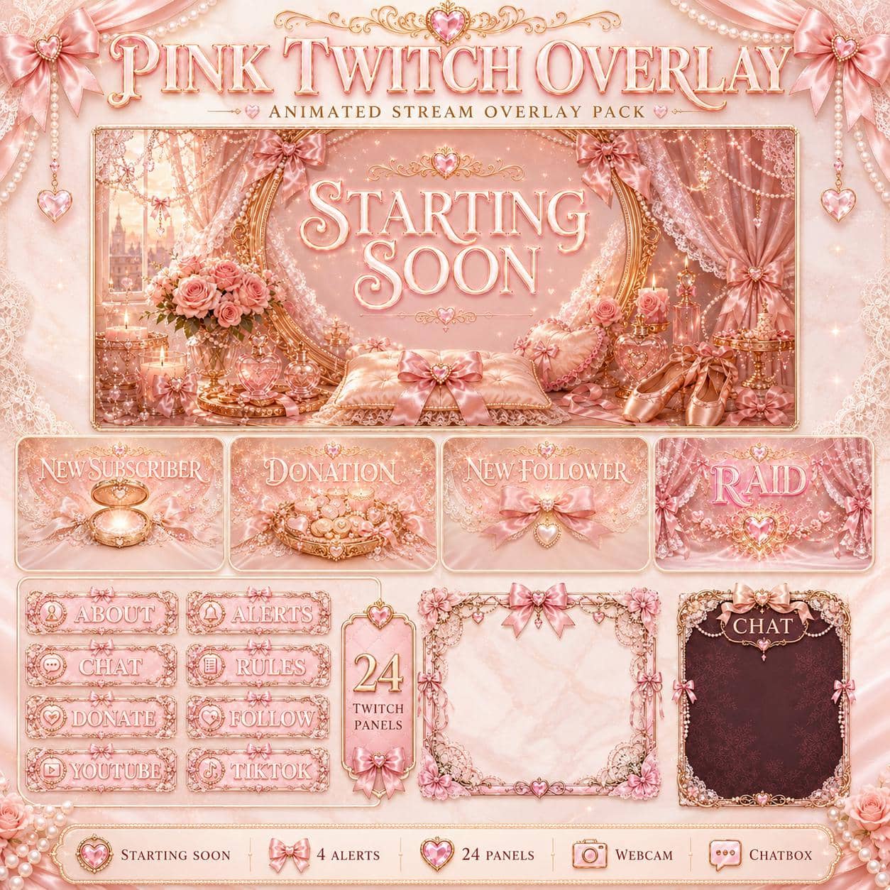 Pink Twitch Overlay Pack | Animated Coquette Bow Stream Screens Alerts Panels Webcam