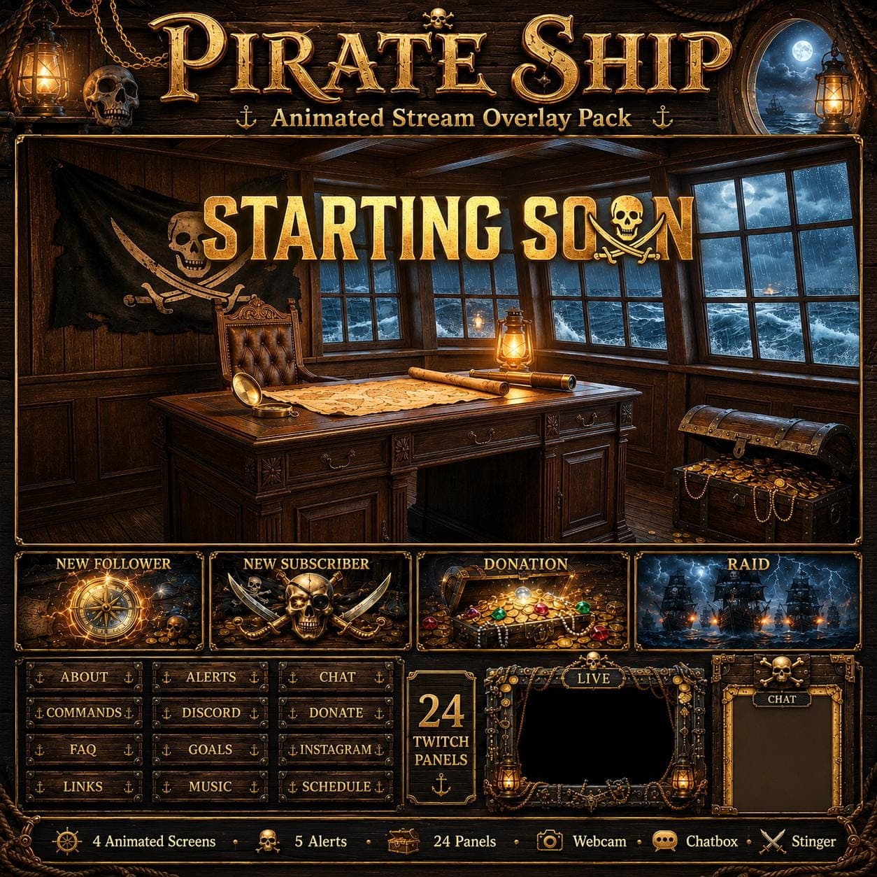 Pirate Ship Twitch Overlay Pack Animated Stream Screens Alerts Panels OBS
