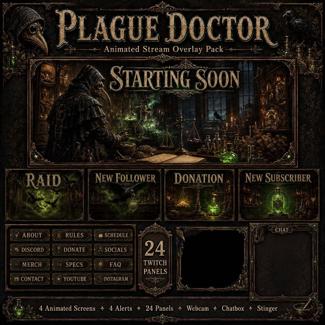 Plague Doctor Twitch Overlay Pack | Animated Gothic Halloween Screens Alerts Panels