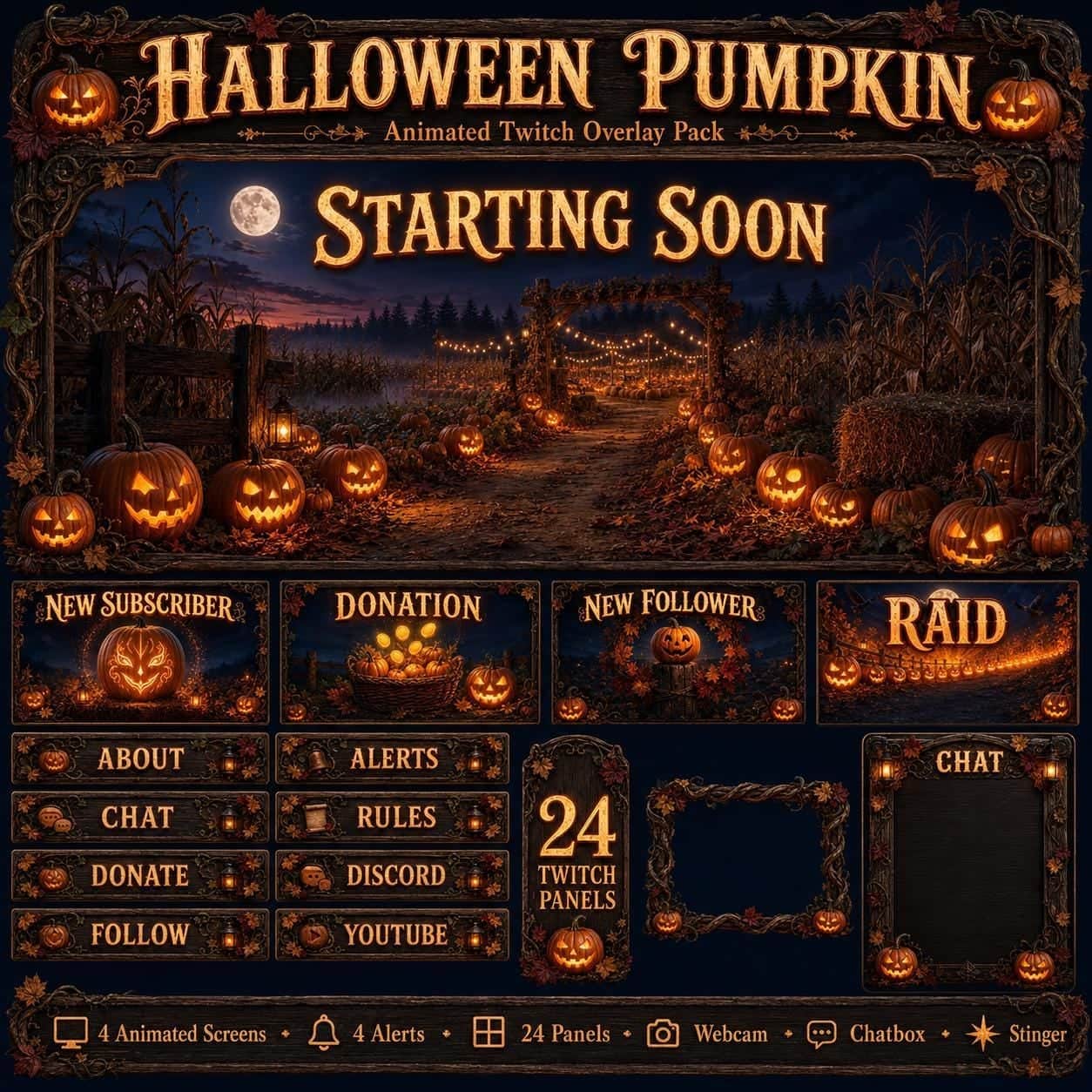 Pumpkin Patch Halloween Animated Twitch Overlay Pack