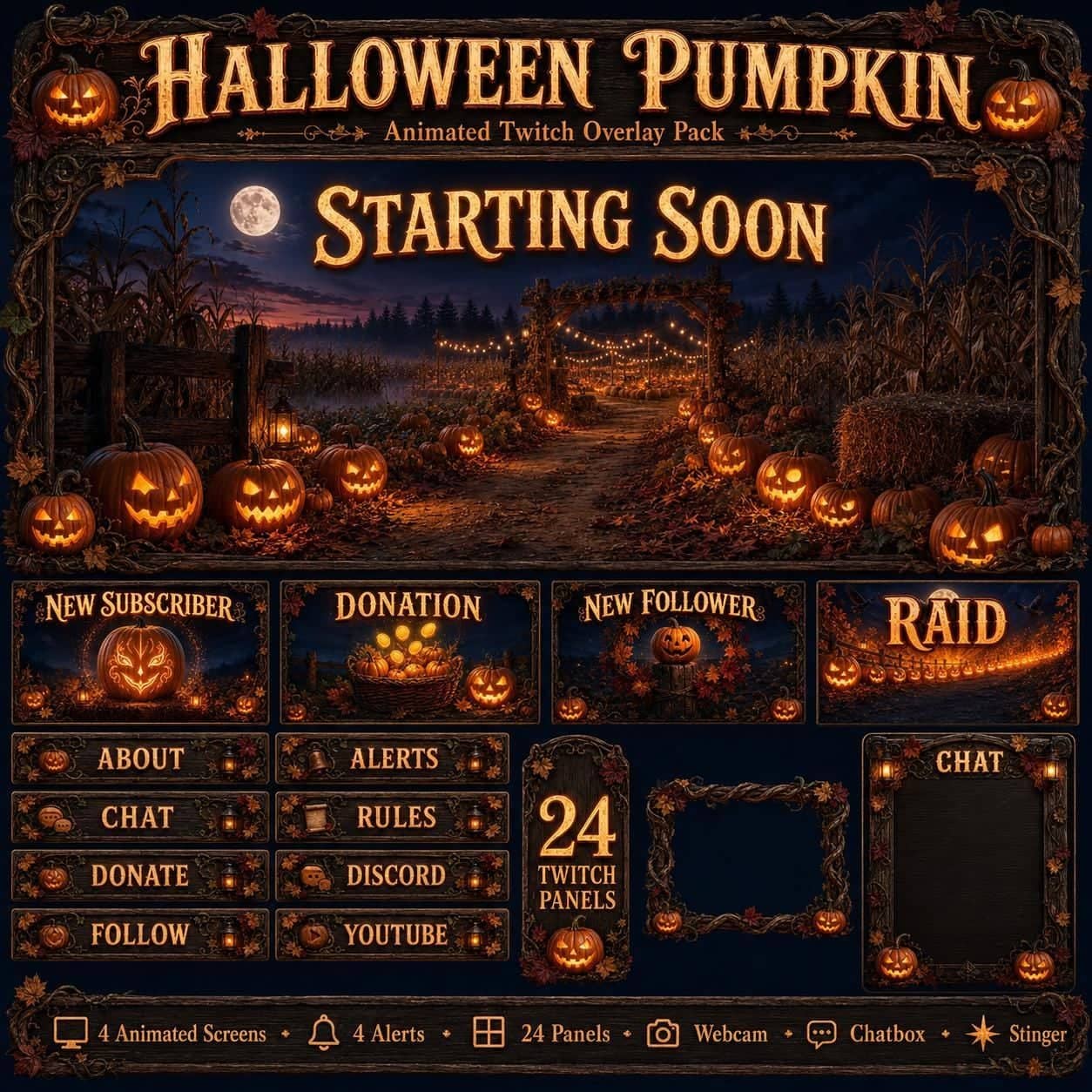 Pumpkin Patch Halloween Animated Twitch Overlay Pack