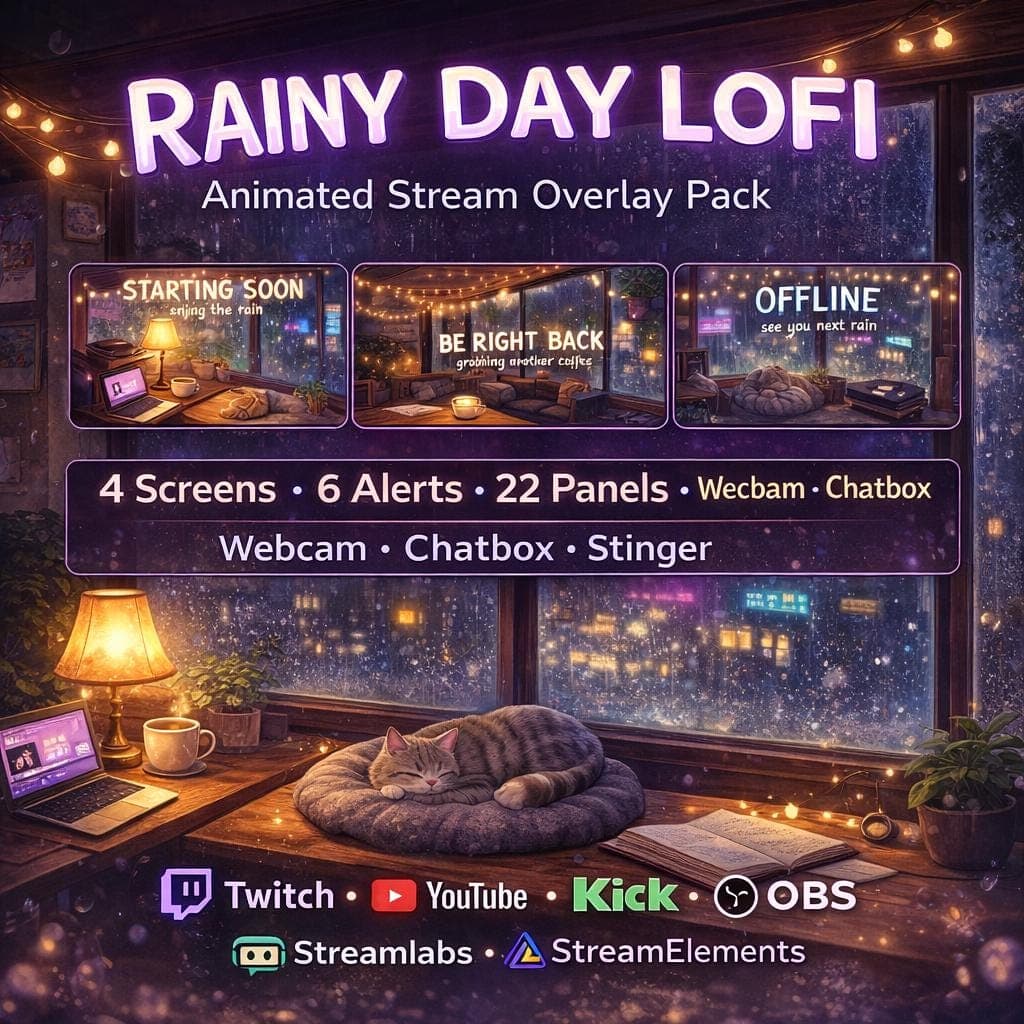 Rainy Day Lofi Stream Overlay Pack | Animated Cozy Chill Twitch YouTube Screens Alerts Panels