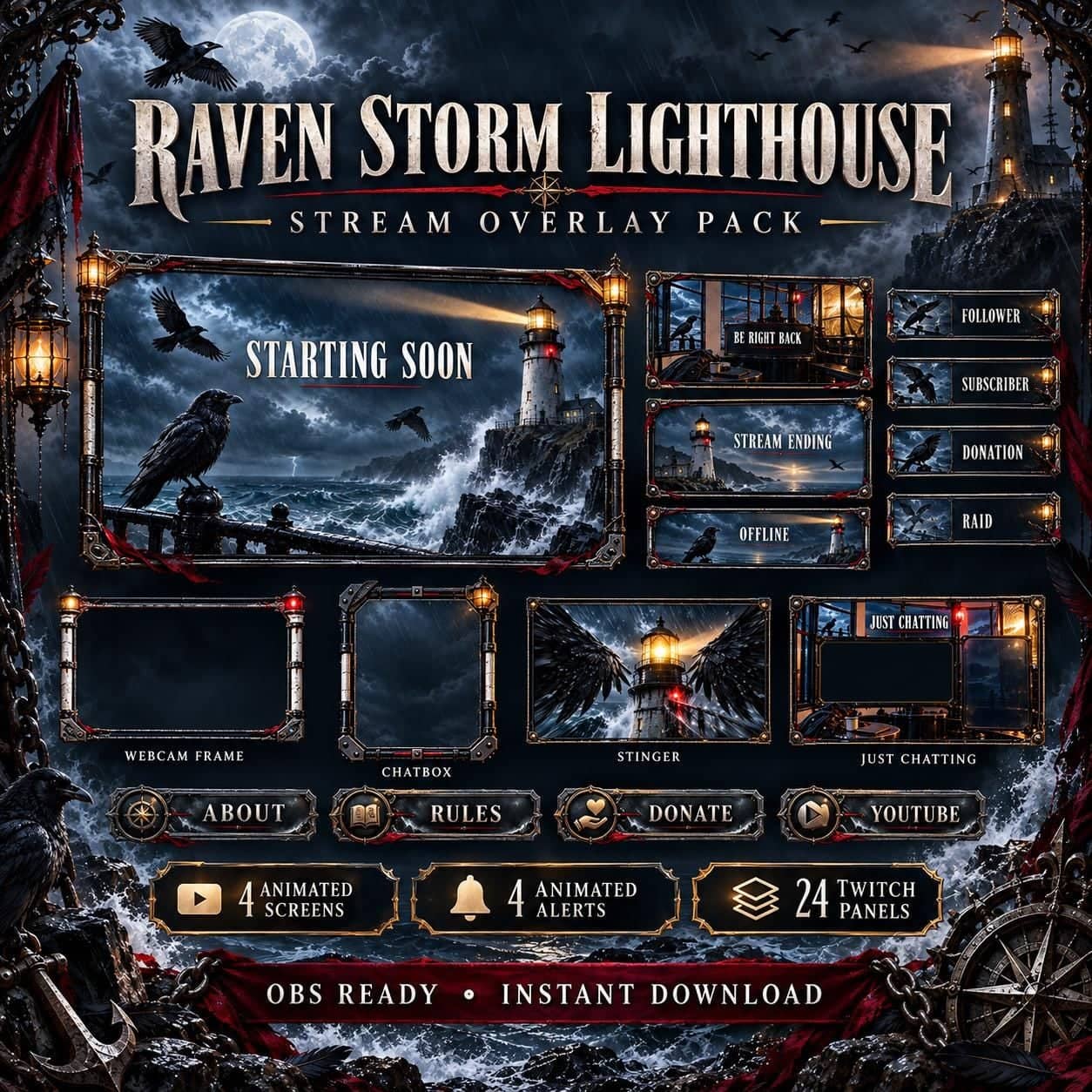 Raven Storm Lighthouse Animated Twitch Overlay Pack